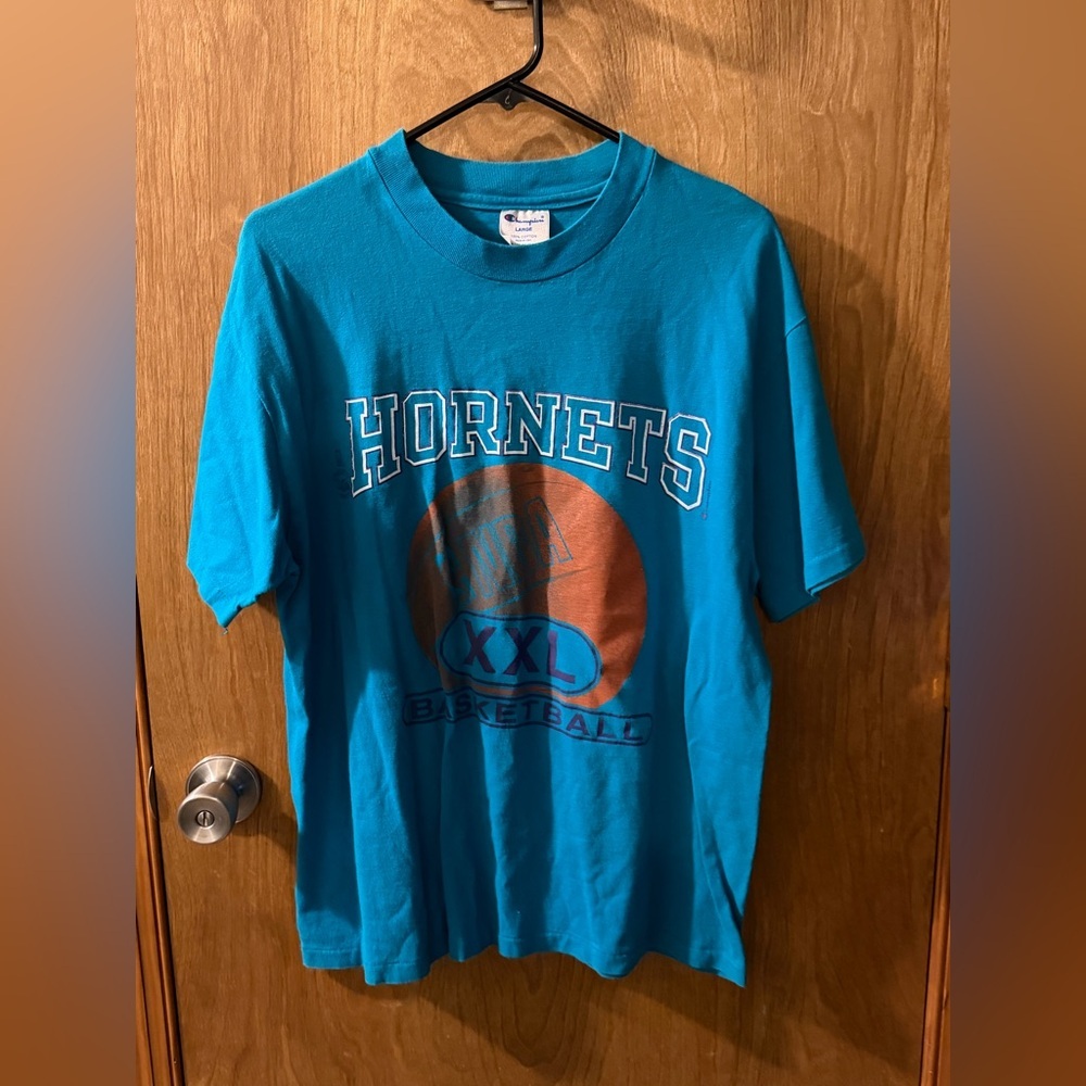Vintage Charlotte Hornets T-Shirt Mens L Blue Single Stitch Champion Brand
